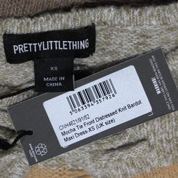 PrettyLittleThing XS Mocha Tie Front Distressed Knit Bardot Maxi Dress - Picture 4 of 6